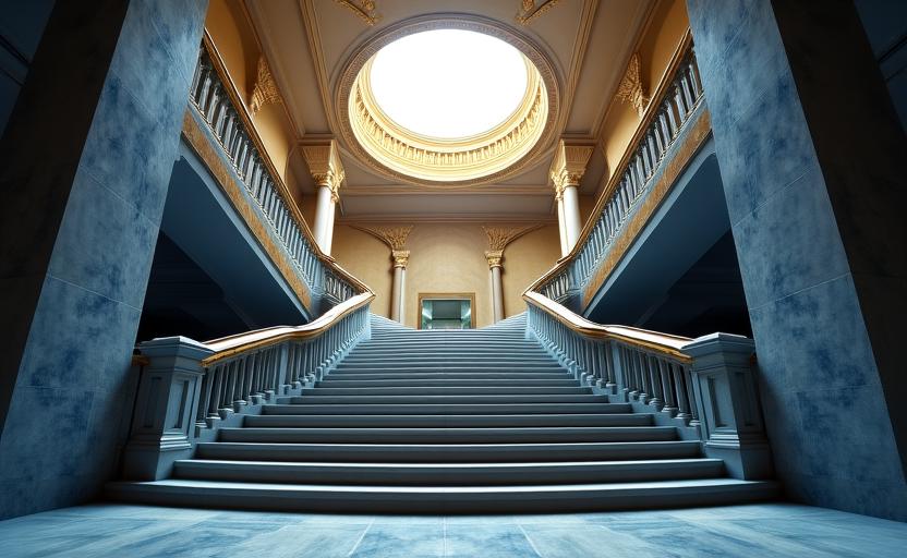 Vista dal basso di una scala monumentale che sale verso una cupola luminosa