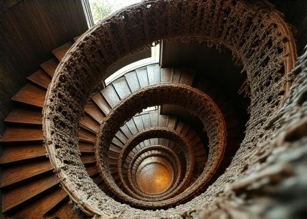 Scala a chiocciola in legno scuro che ricorda le radici di un albero antico